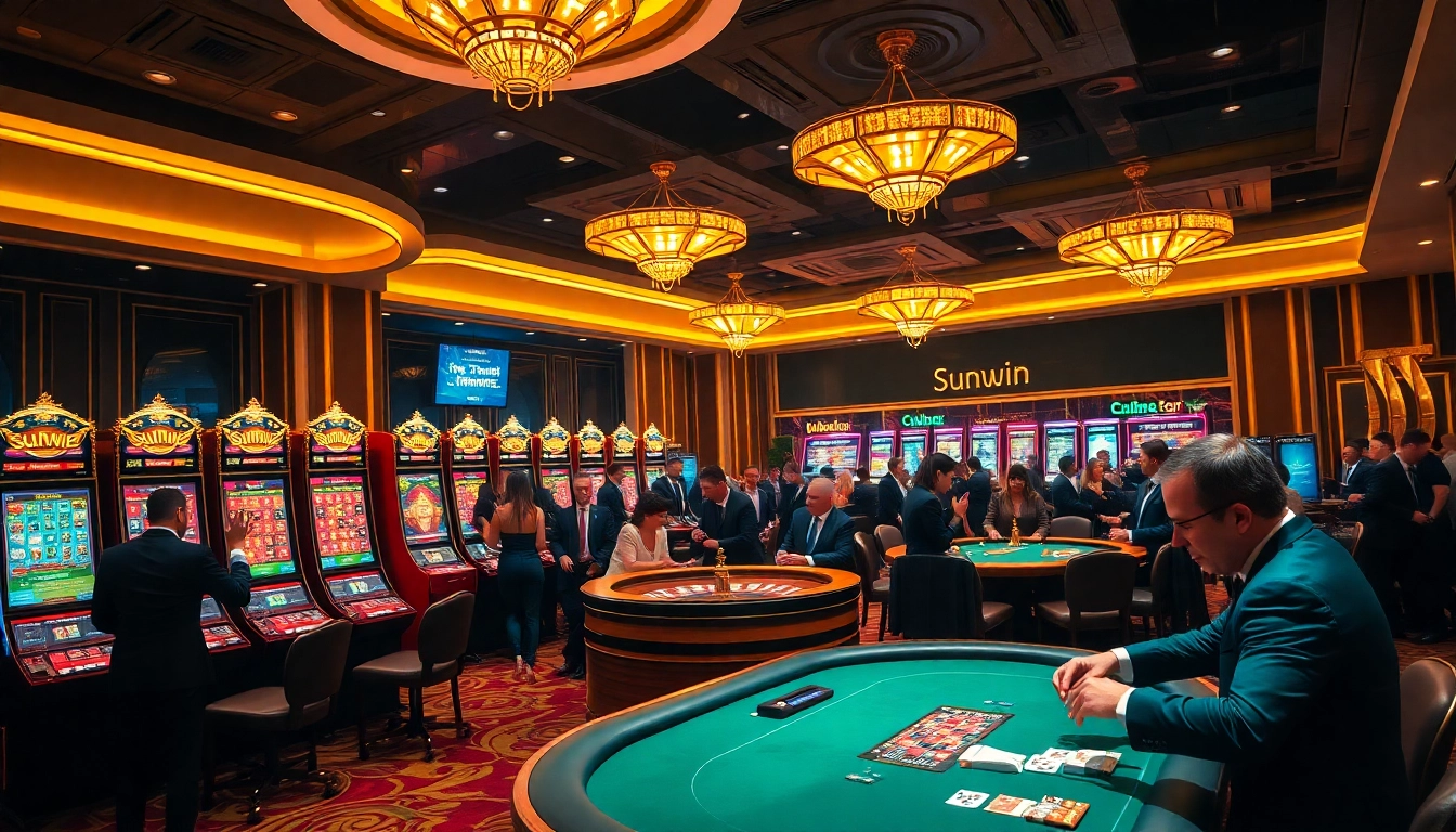 Experience thrilling gameplay at Sunwin's luxurious casino, featuring poker tables and vibrant slot machines.