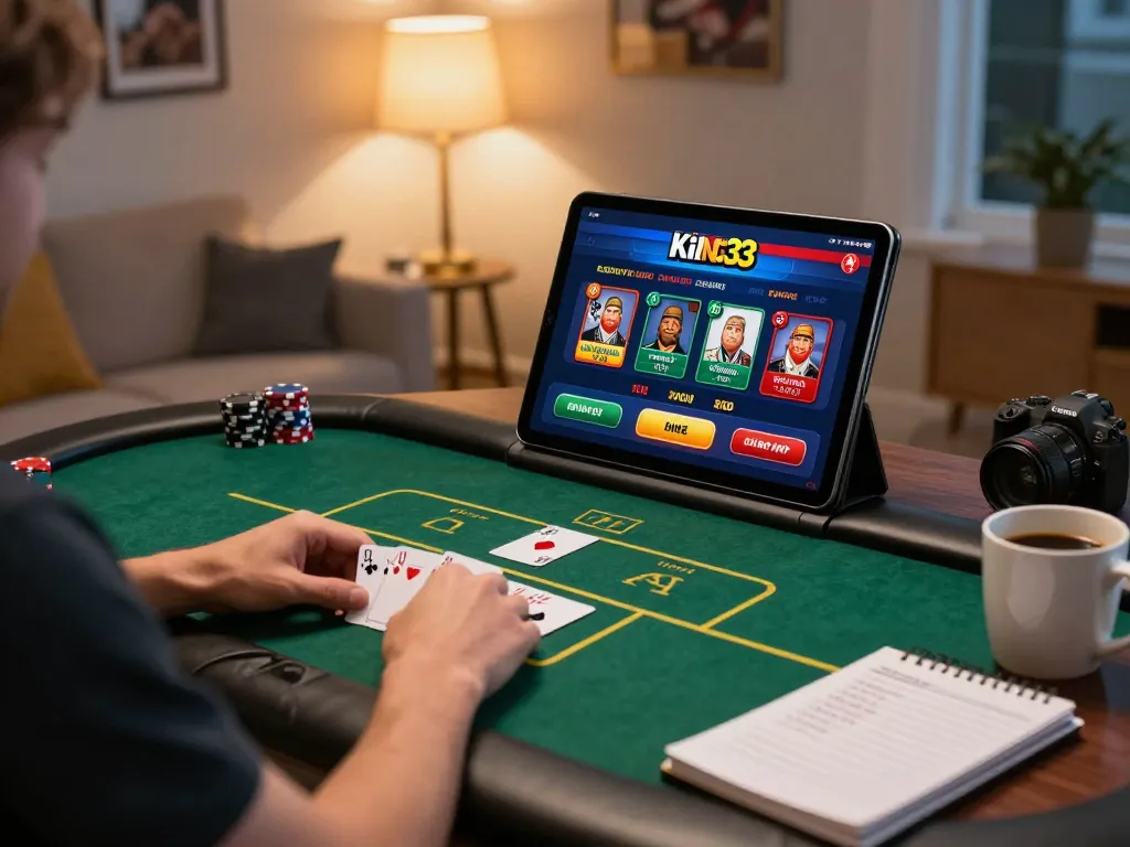 Player engaging with king33 online casino on tablet, showcasing a live poker game interface in a cozy home setting.