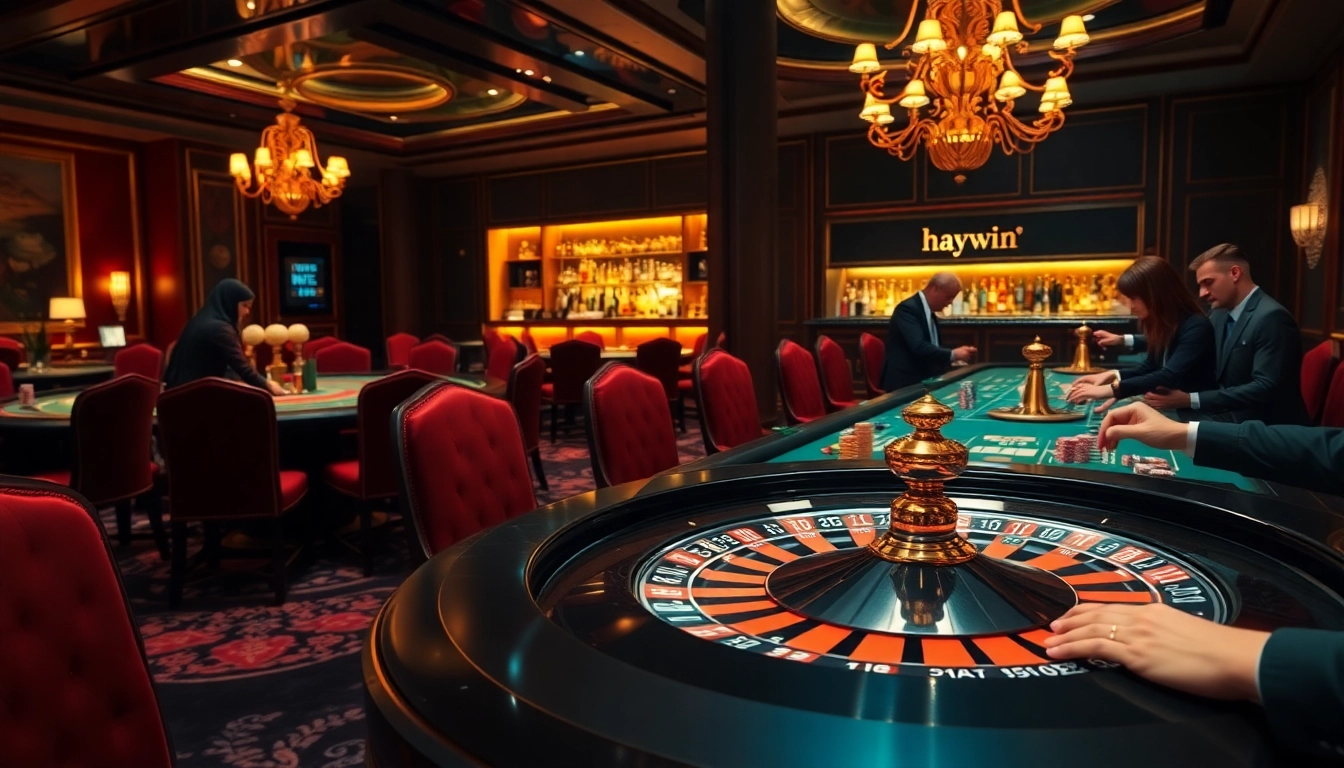 Experience the thrill of winning at haywin's luxurious casino featuring a roulette wheel and vibrant poker chips.