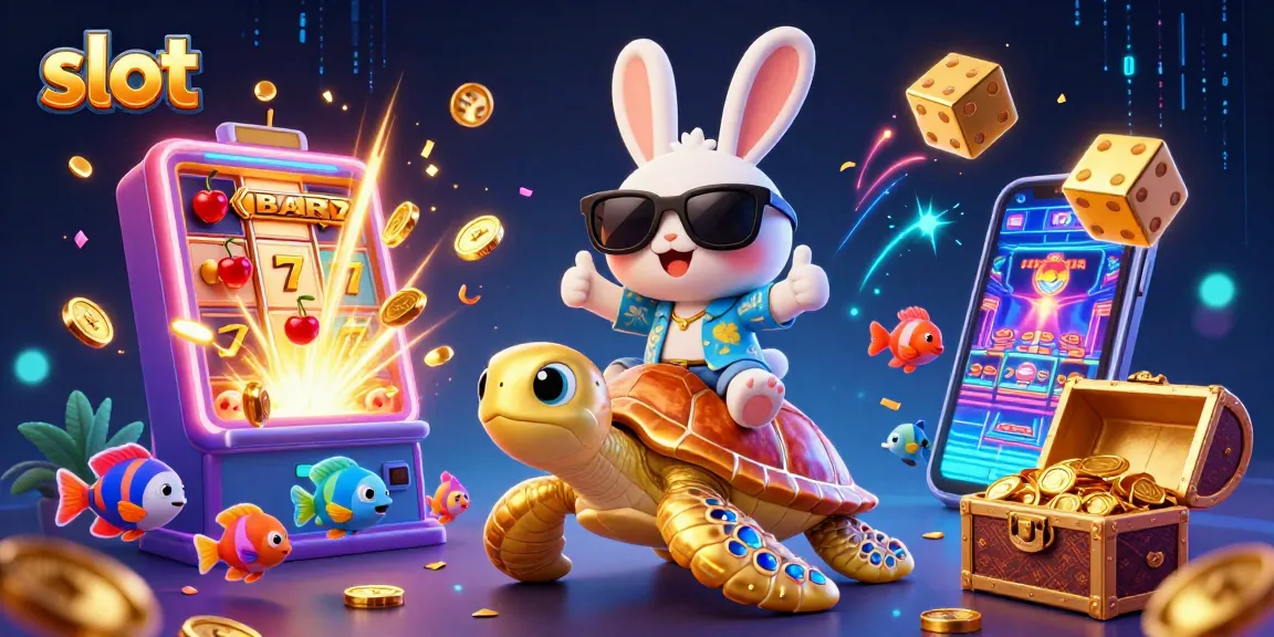 Experience the thrill of slot gaming with our vibrant illustration of a lucky rabbit and golden turtle.