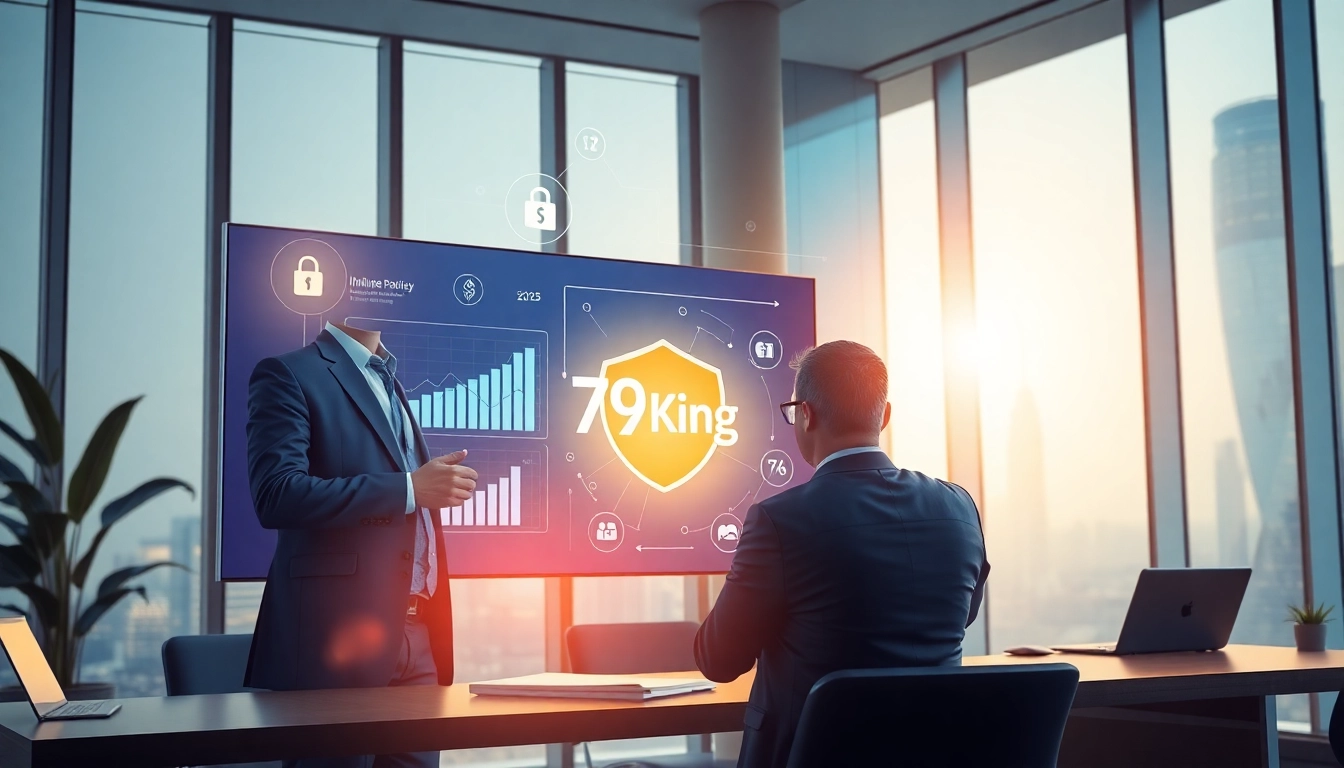 Scène numérique avancée de la plateforme d’assurance en ligne 79King avec sécurité technologique et conseillers financiers en 2025
