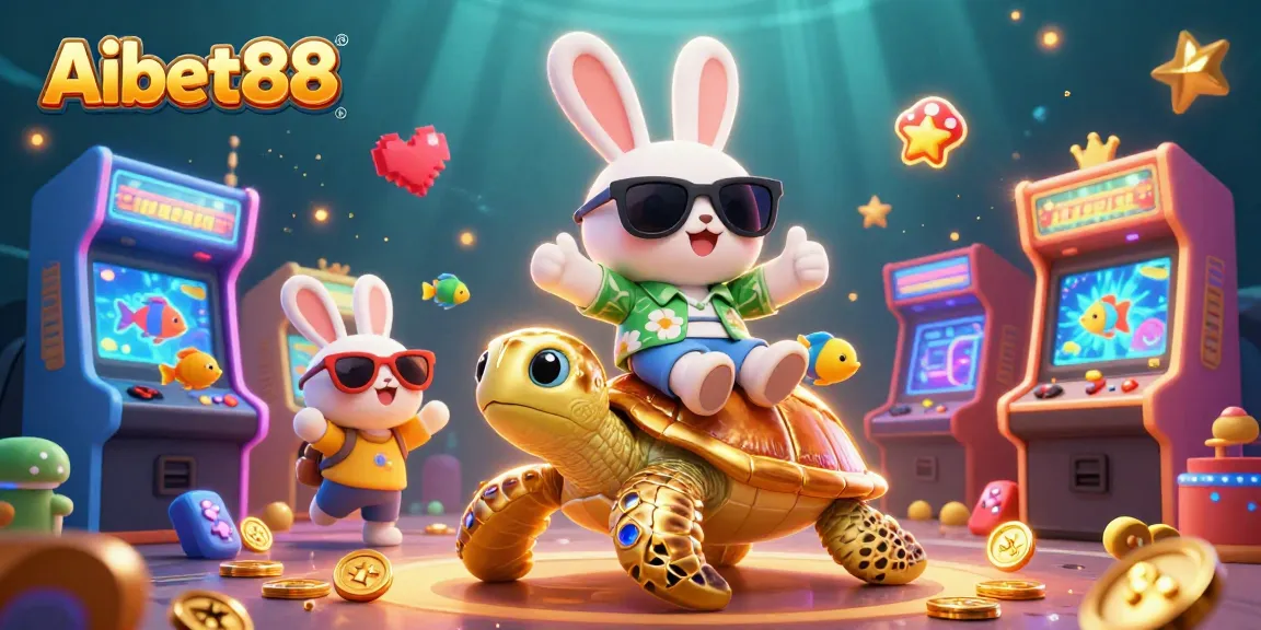 Aibet88 engages players with a vibrant 3D casino illustration showcasing luck and gaming excitement.