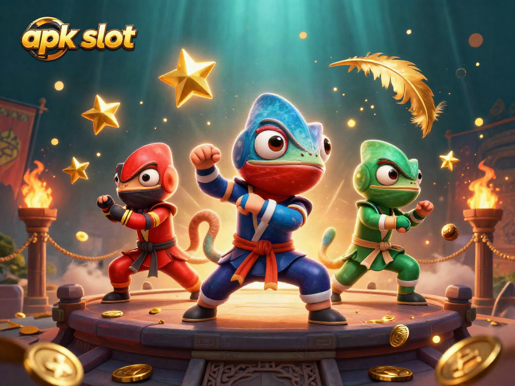 Engage in thrilling apk slot action with ninja chameleons amidst a vibrant casino scene.