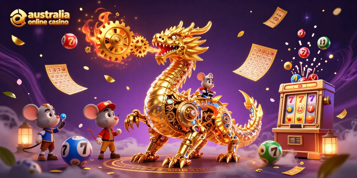 Engage with thrilling moments at australia online casino featuring a golden dragon, vibrant lottery balls, and dynamic gaming elements.