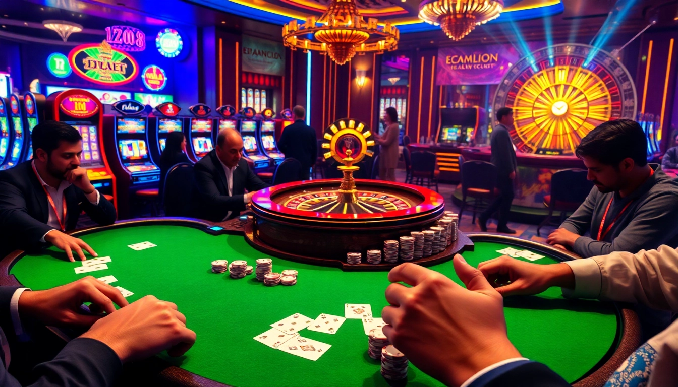 Experience thrilling gameplay at xin88 with an exciting casino scene featuring poker tables, vibrant slot machines, and roulette wheels.