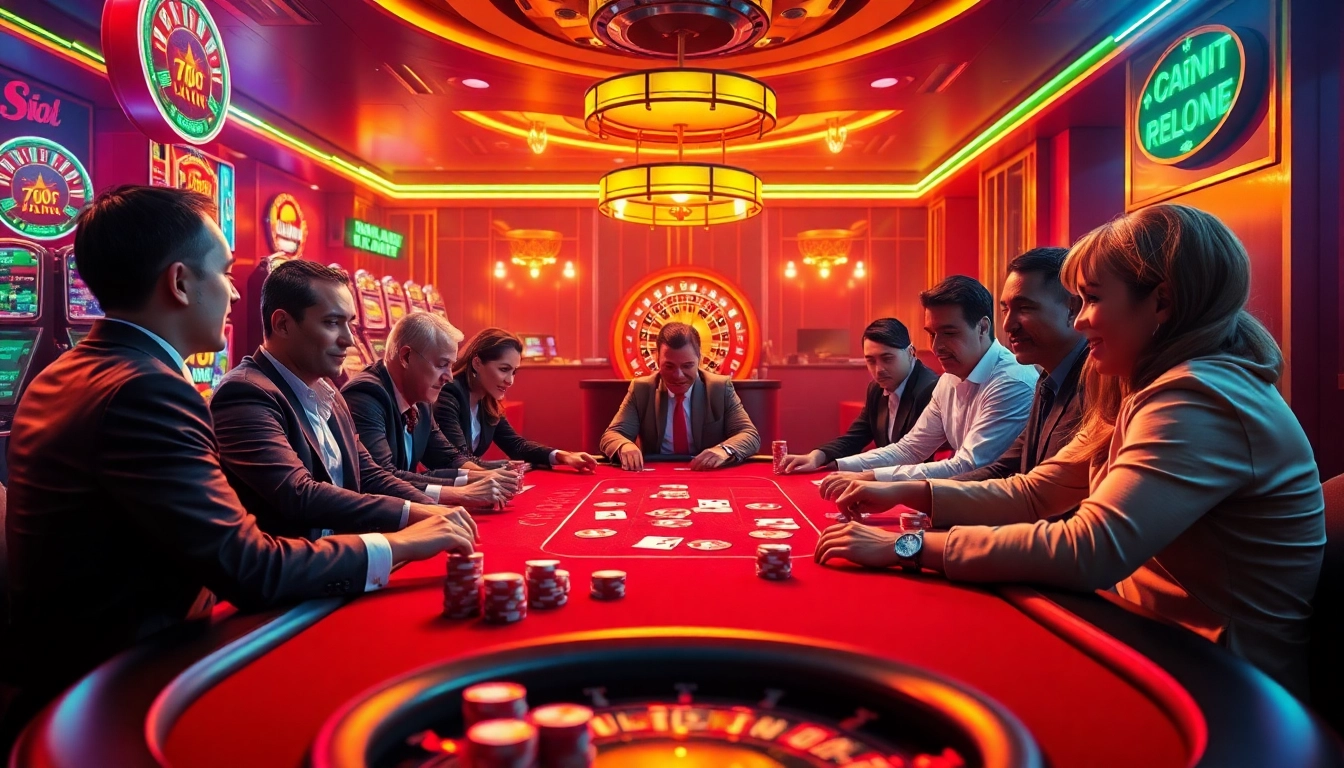 Excited players engage in poker at 68VIP's luxurious casino table, vibrant chips and cards present.