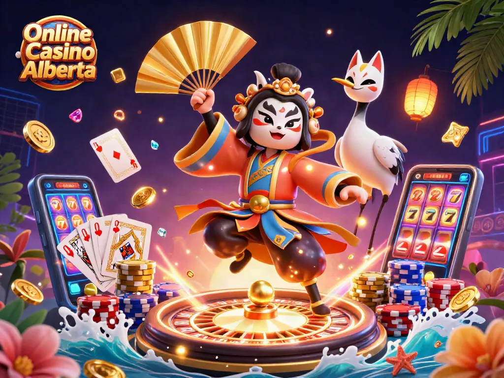 Spin the reels at Online Casino Alberta with this vibrant, dynamic 3D illustration.