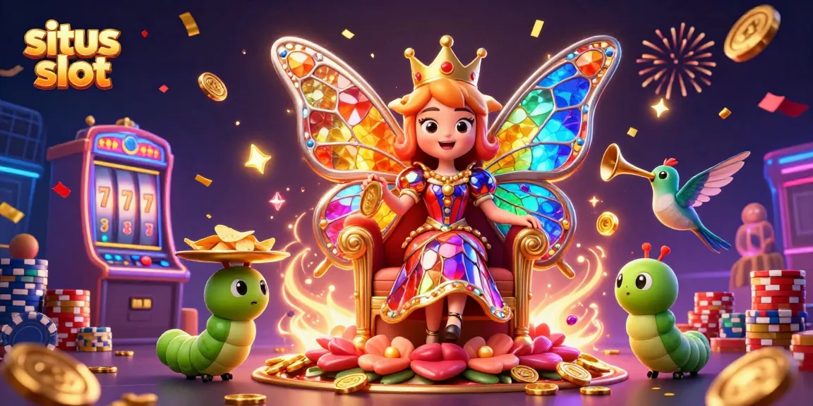 Bermain situs slot dengan mesin slot dan karakter berwarna-warni di latar belakang yang meriah.
