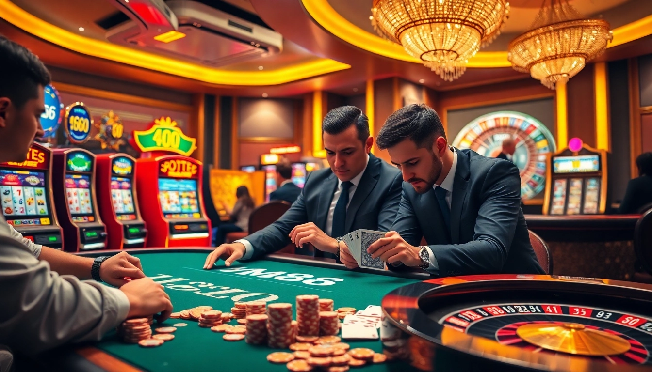 Players engaging in a high-stakes game at m88 casino, showcasing vibrant slot machines and poker chips.