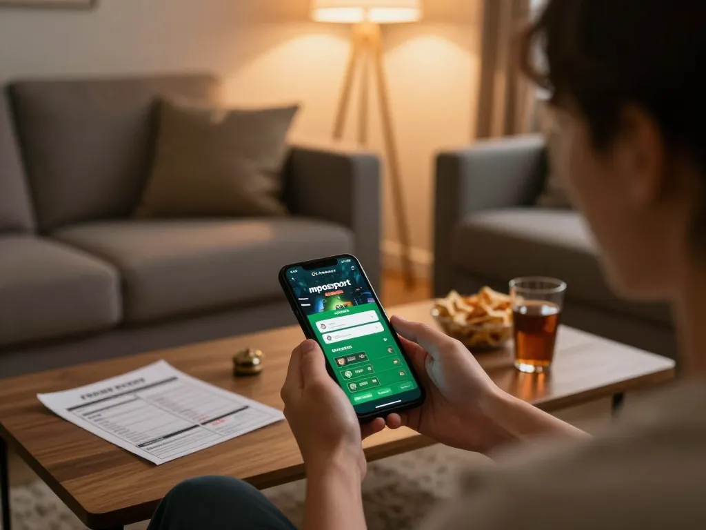 Engaging in mposport login for online sports betting on smartphone in cozy living room.