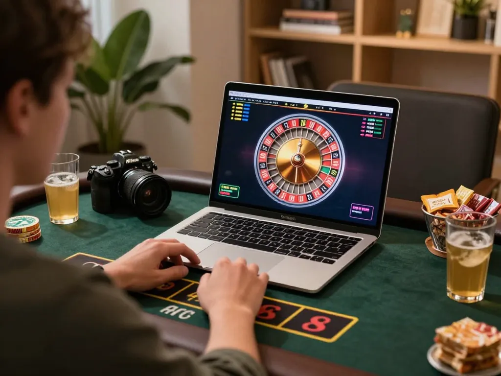 Engaged player using nhà cái 8xbet for live dealer casino gameplay on laptop.