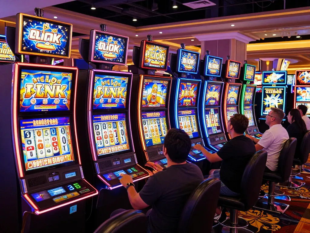 Players excitedly engaging with link slot machines in a lively Las Vegas casino