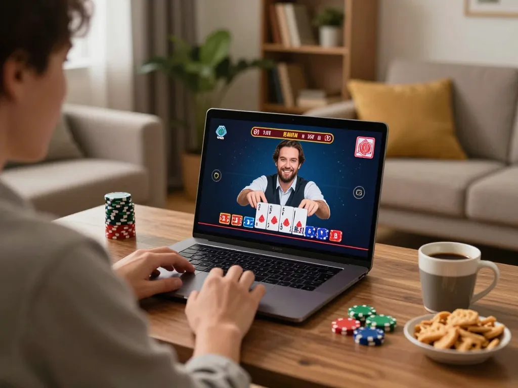 Engaging with Nhà cái KONG88 through live dealer games, highlighting a friendly home gaming environment.