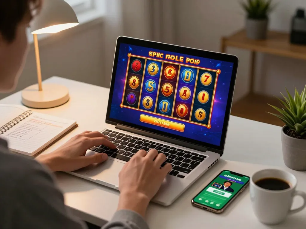 Enjoying exciting slot game action with taisunwin on a laptop in a cozy home setup