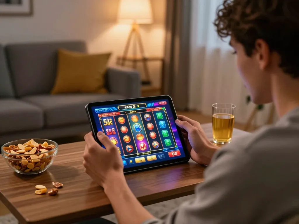 Engaged player celebrating a win on slot depo 5k with colorful interface in cozy home setting