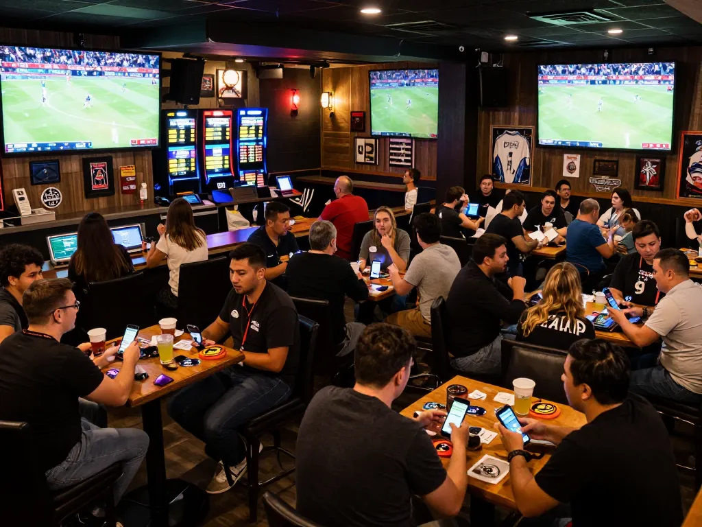 Sport enthusiasts engaging in live betting for tỷ lệ kèo nhà cái at a lively sports bar