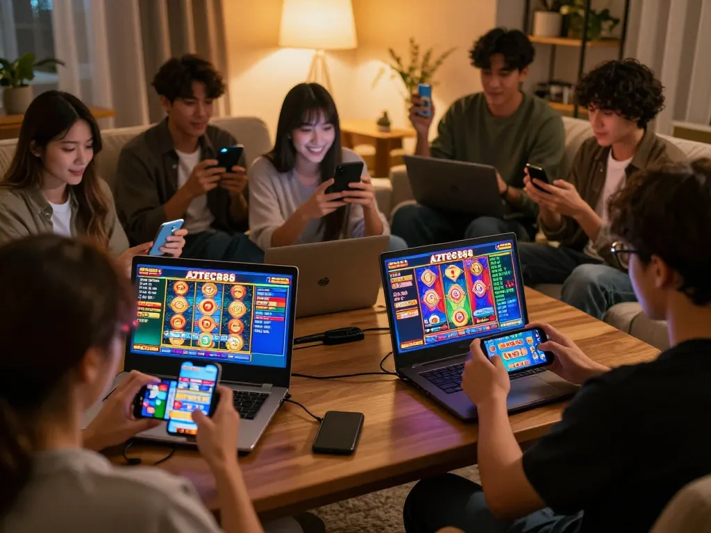 Players enjoying AZTEC888 gaming on mobile devices, emphasizing strategic engagement and excitement