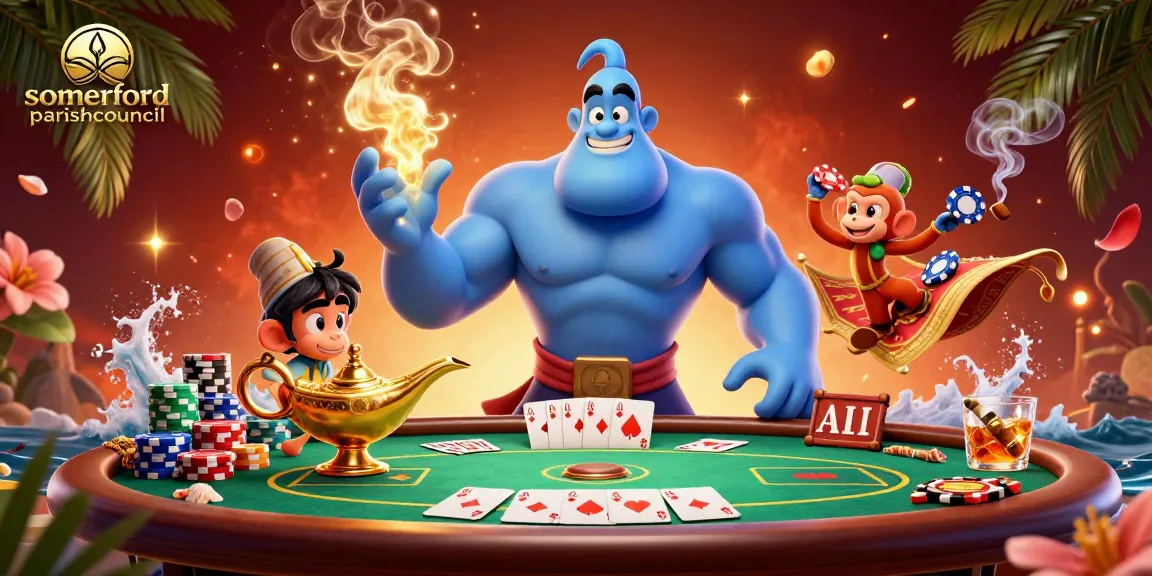 Somerfordparishcouncil showcases a vibrant casino scene with a genie and poker elements.
