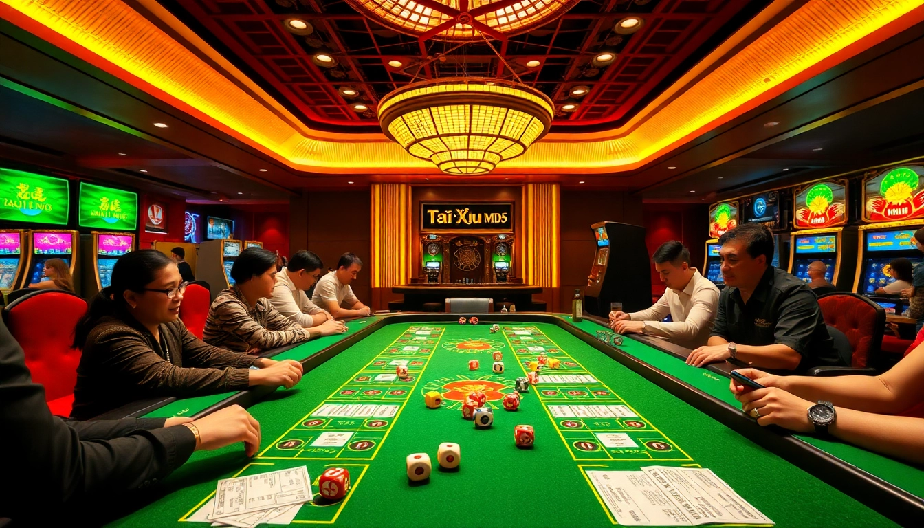 Tài Xỉu MD5 game table filled with colorful dice and players engaged in betting actions.
