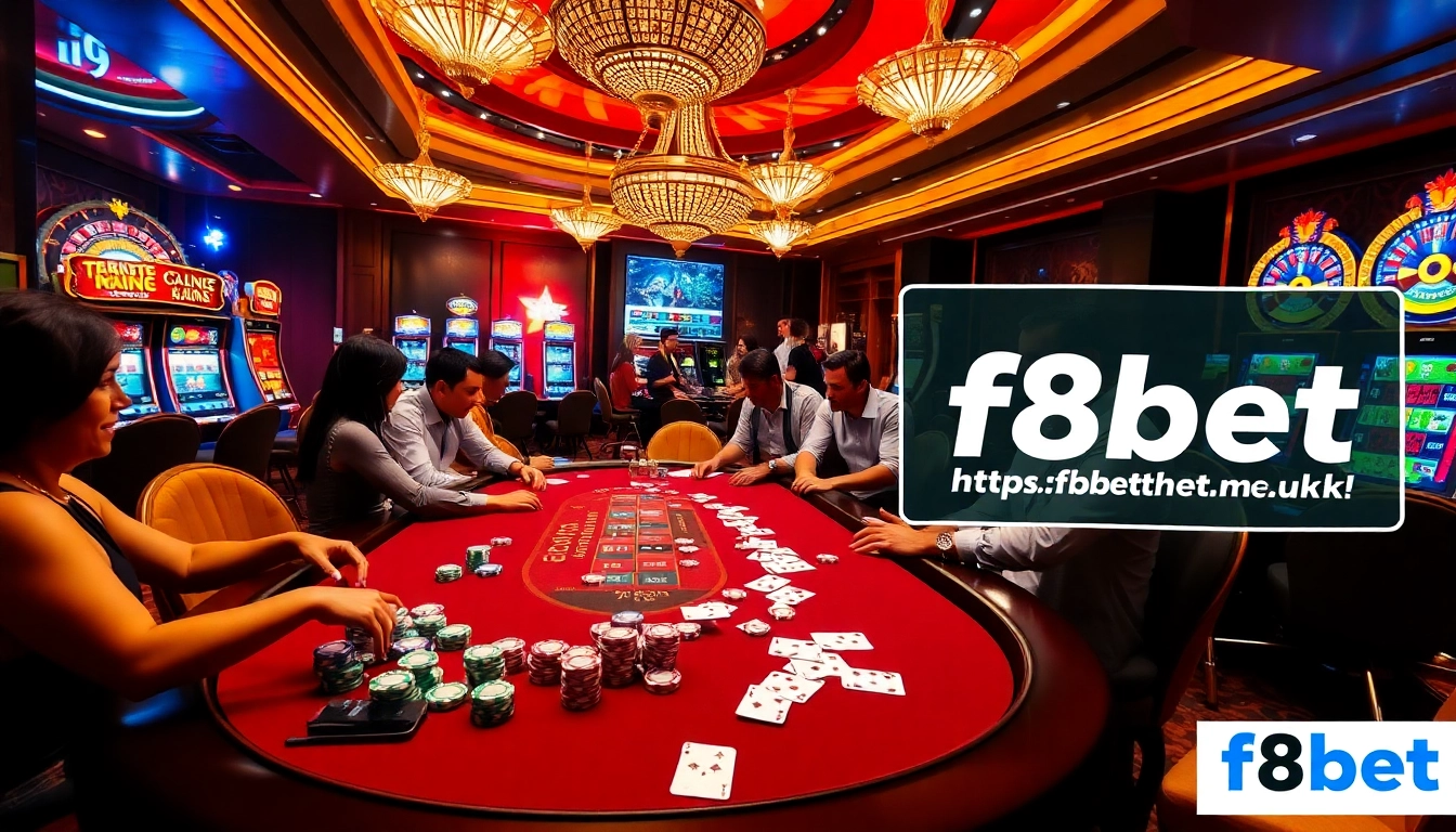 Engage with exciting gambling at https://f8bet.me.uk/ featuring poker chips and vibrant casino tables.