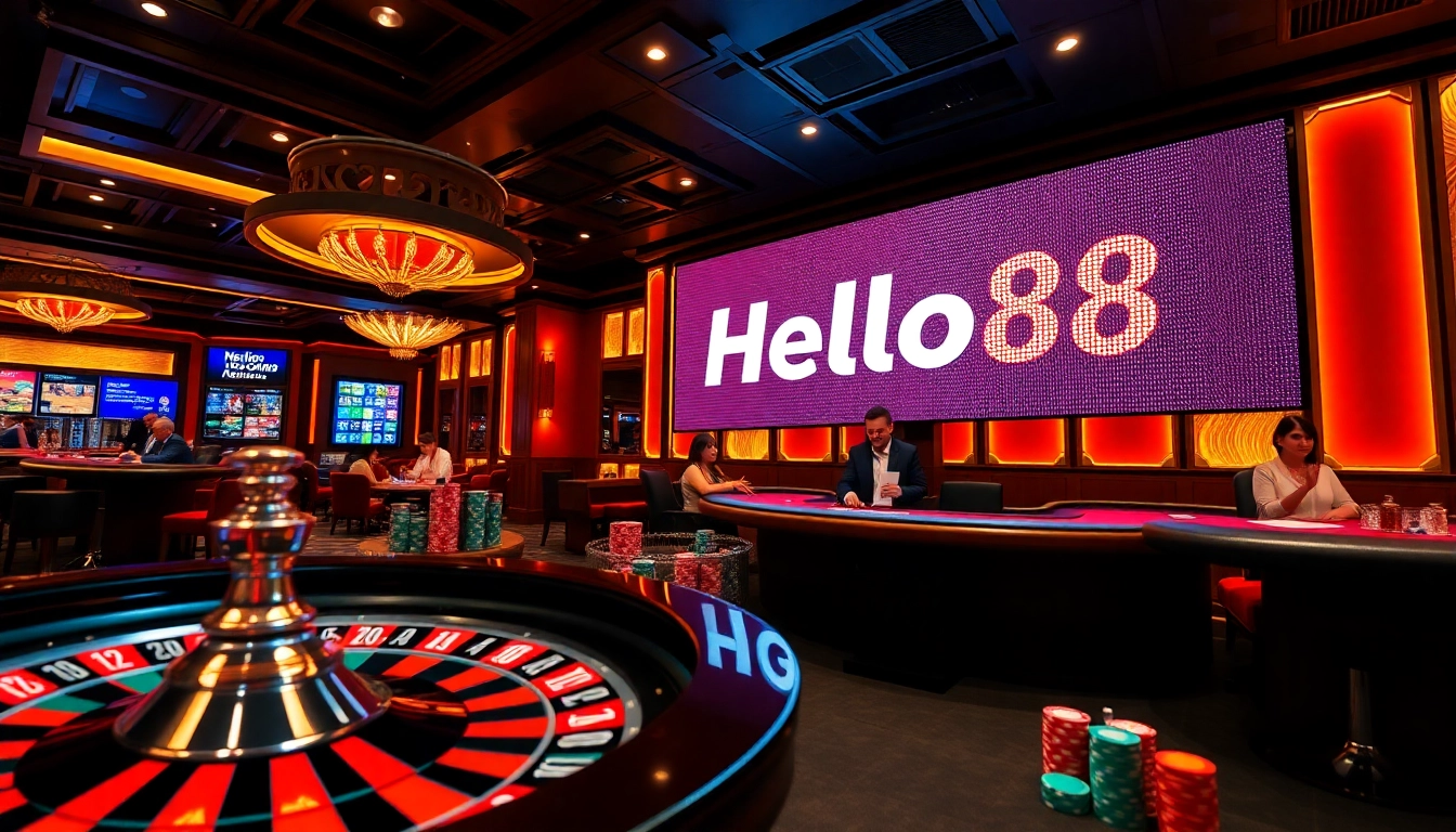 Experience the thrill of Helloo88 with a vibrant casino scene featuring roulette and poker.