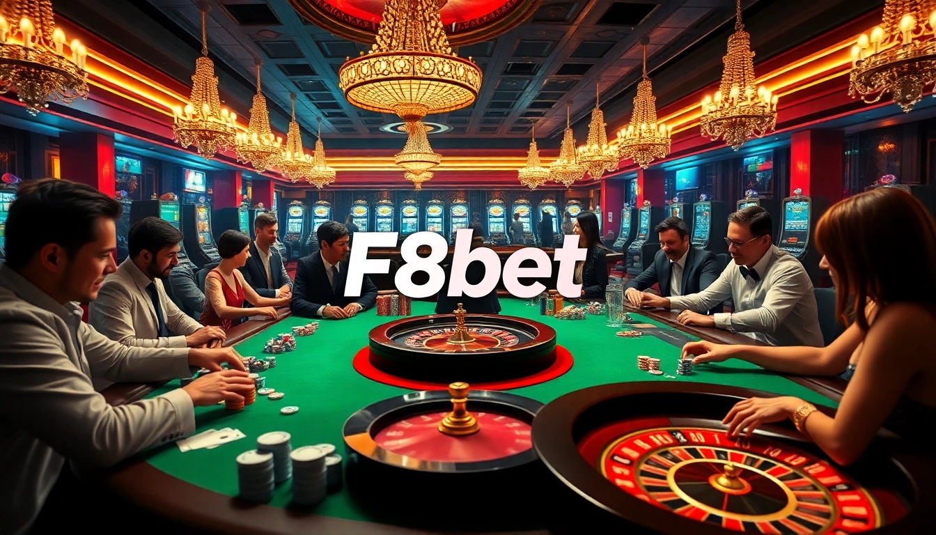 Players enjoying poker and roulette games at F8bet's luxurious casino.