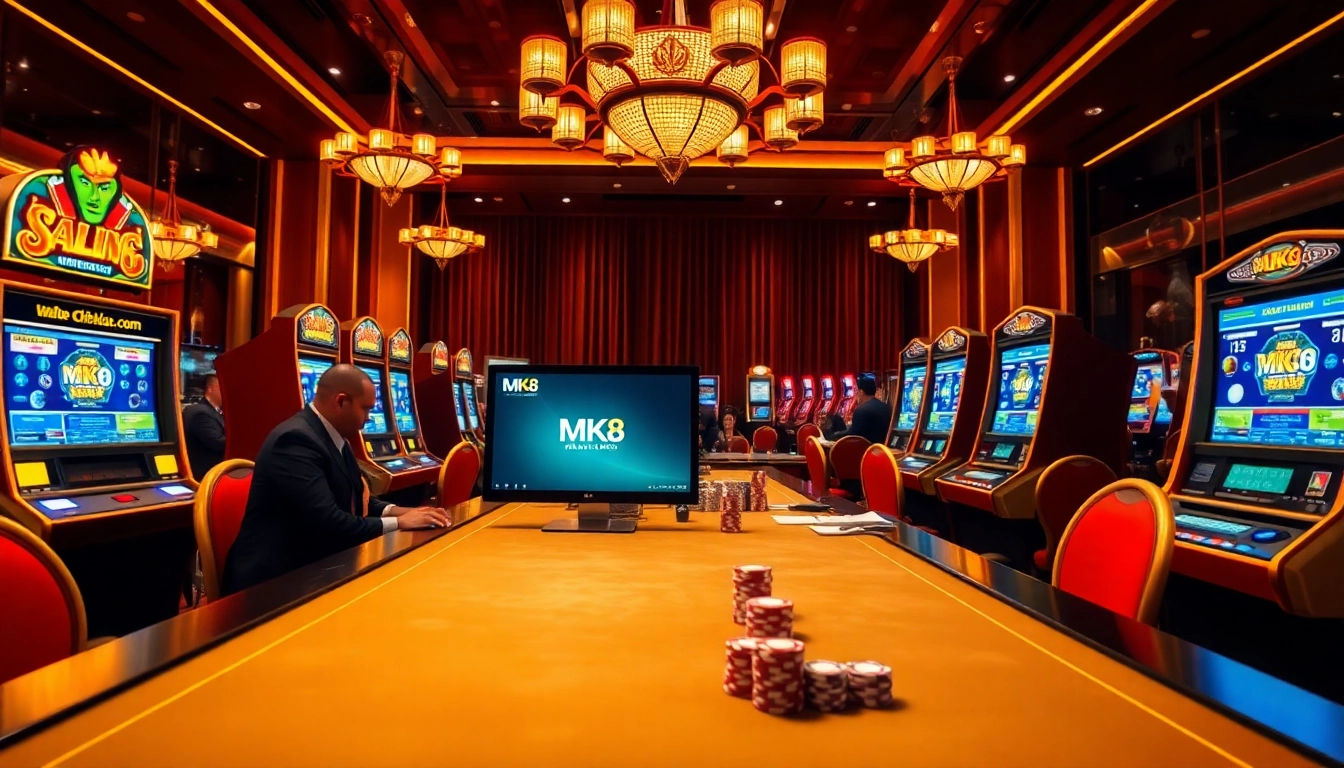 Exciting gameplay at a casino featuring the ทางเข้า mk8 online platform, professional dealers, and vibrant slot machines.