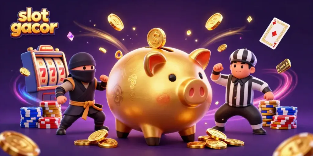 Experience the thrill of winning with slot gacor's dynamic illustration, featuring exciting characters and game elements.