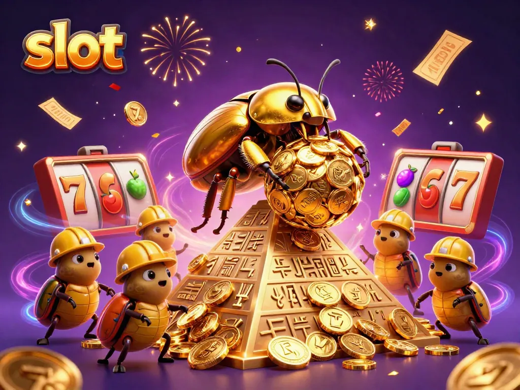 Slot mesin yang dipromosikan oleh kumbang emas besar dan telur emas dengan lambang keberuntungan yang berkontribusi pada jackpot.