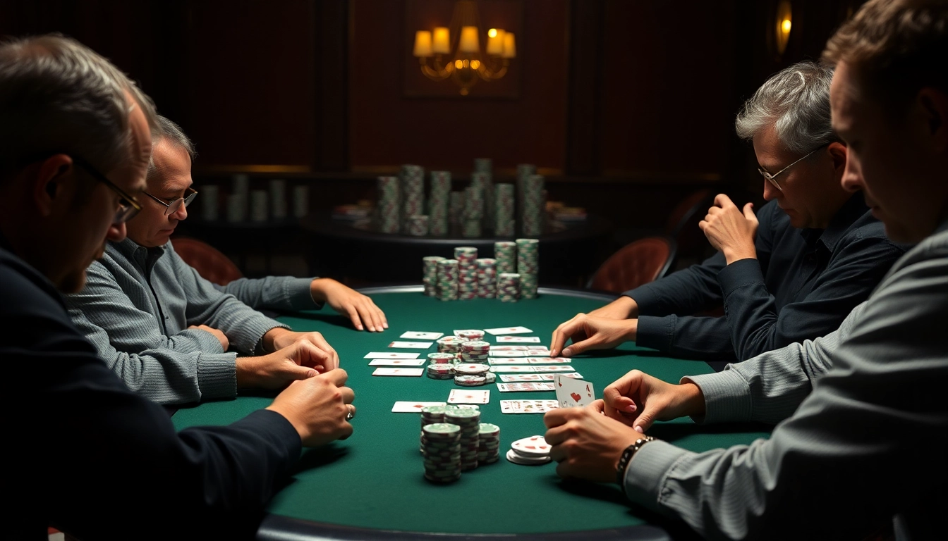 Intense poker game at a table with players focused on their cards and chips.