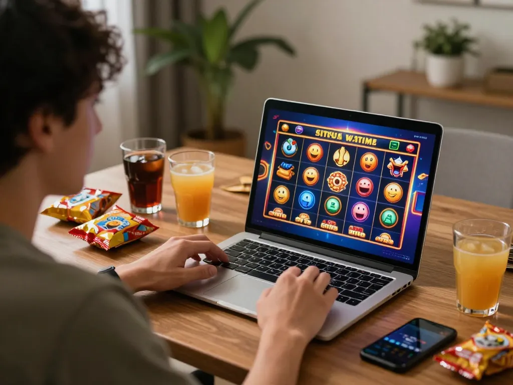 Situs slot game view showing intense player reactions and vibrant game graphics during online play