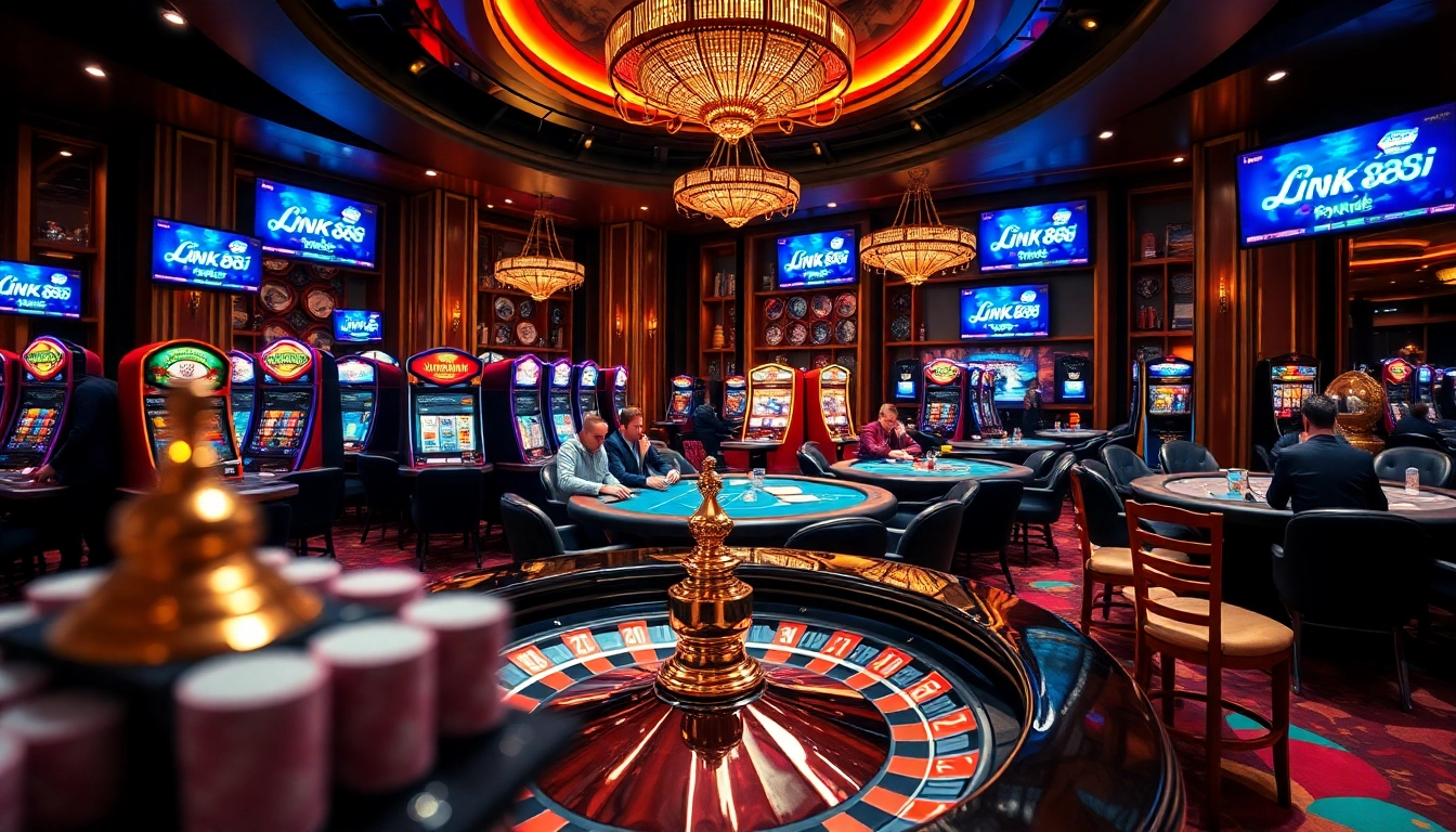 Experience excitement with link 88i in a luxurious casino setting featuring poker tables and vibrant slot machines.