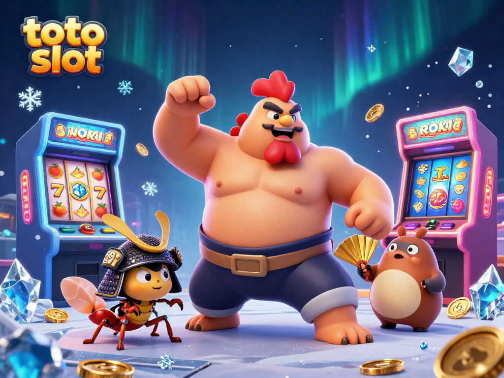 Engage in thrilling toto slot action with a dynamic 3D cartoon scene featuring varied gaming elements and vibrant characters.