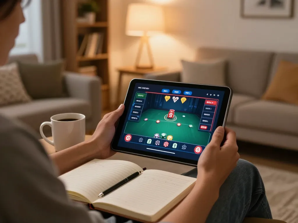 Engaging with trang chủ ww88 while playing poker on a tablet in a warm home atmosphere.