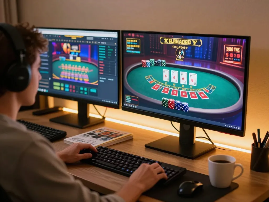 Person engaging in online casino games on tle-online with multiple screens, showcasing blackjack action.