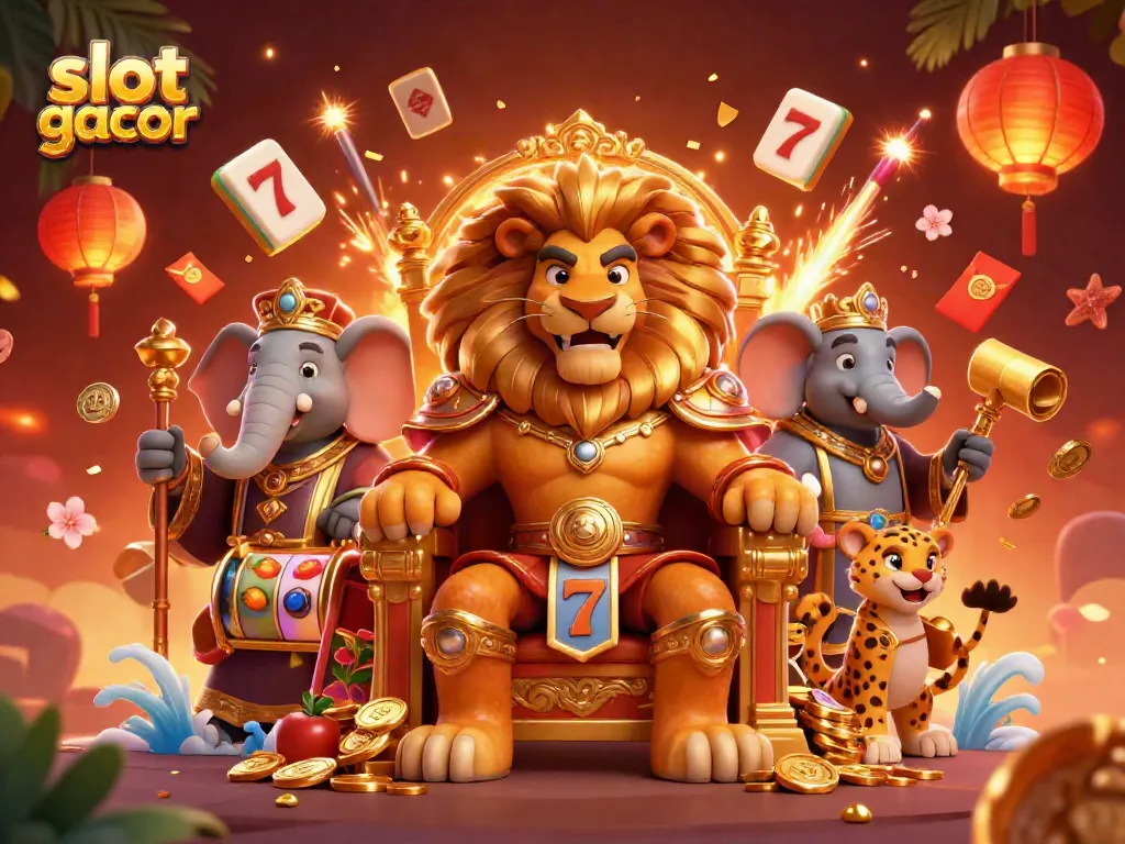 Gambarkan slot gacor dengan singa raja, gajah penasihat, dan cheetah pembawa pesan dalam suasana kasino yang mewah.
