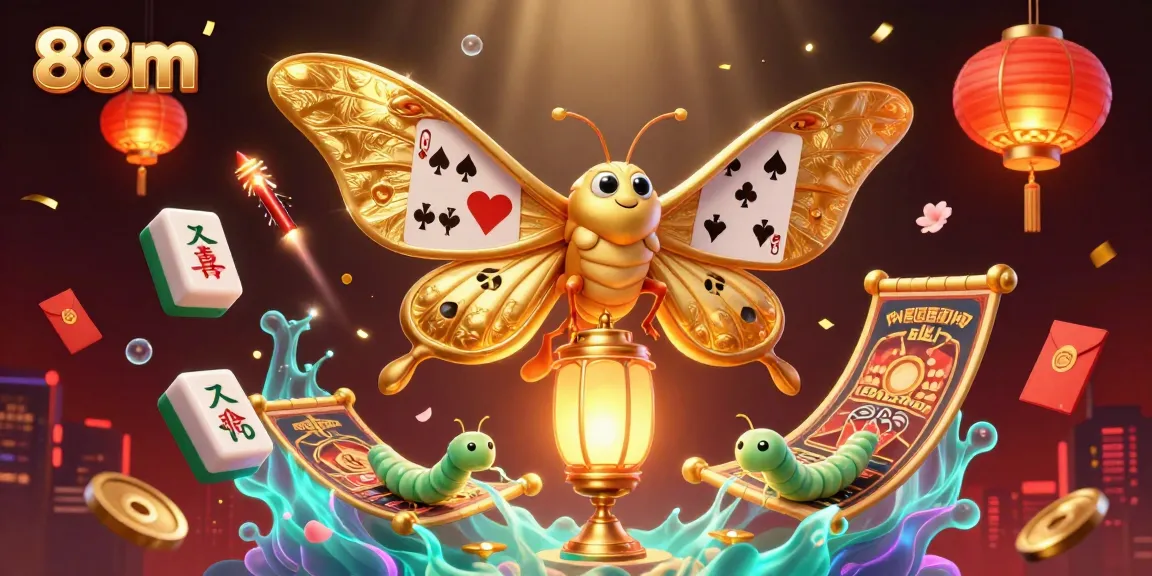 Play and win big with vibrant 88m casino art showcasing games and fortune symbols.