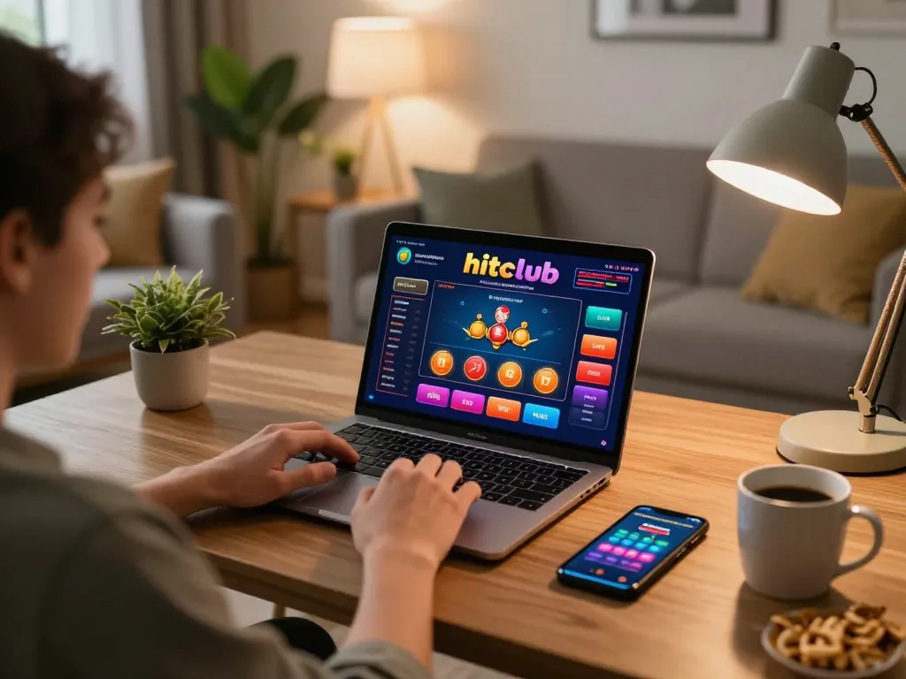 Engaging in hitclub online gaming, a player analyses their strategy using a laptop at home.