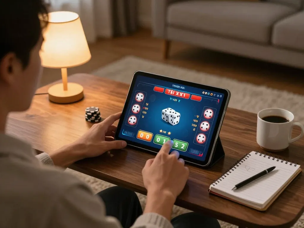 Engaging in an online tài xỉu game on a tablet, featuring strategic betting notes and warm home ambiance.