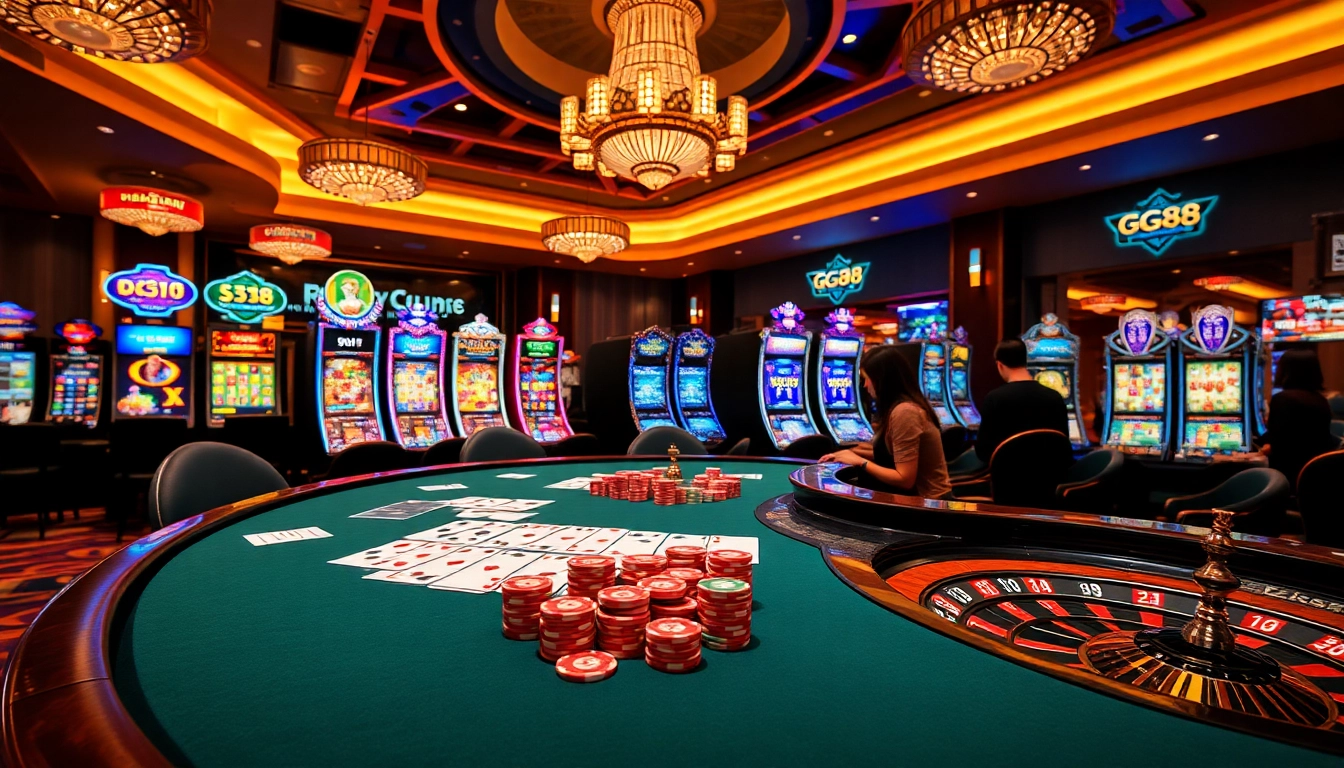 Exciting gameplay at GG88 casino, featuring vibrant slot machines, poker chips, and a roulette wheel.