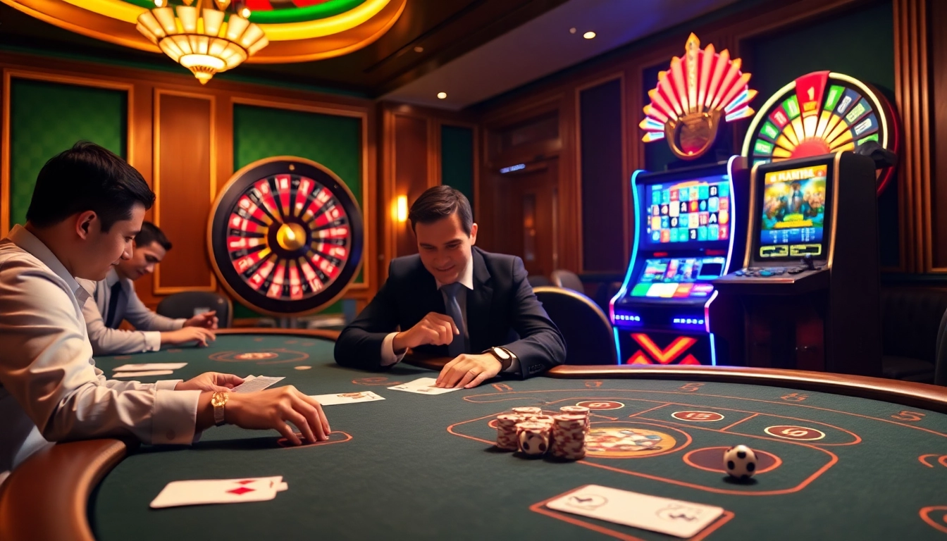 Exciting scene at nhà cái mm88 with players at a poker table and a spinning roulette wheel.