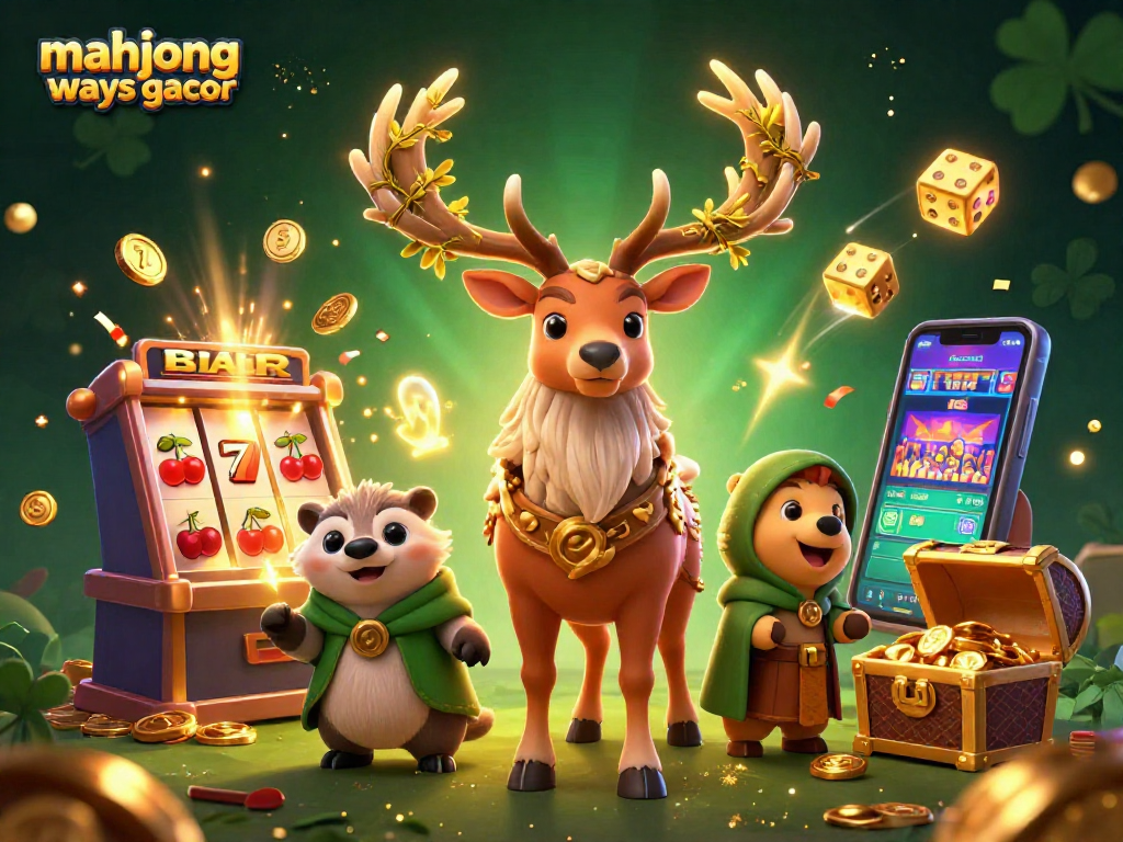 Experience mahjong ways gacor with vibrant casino-themed illustration featuring slot machines and enchanted characters.