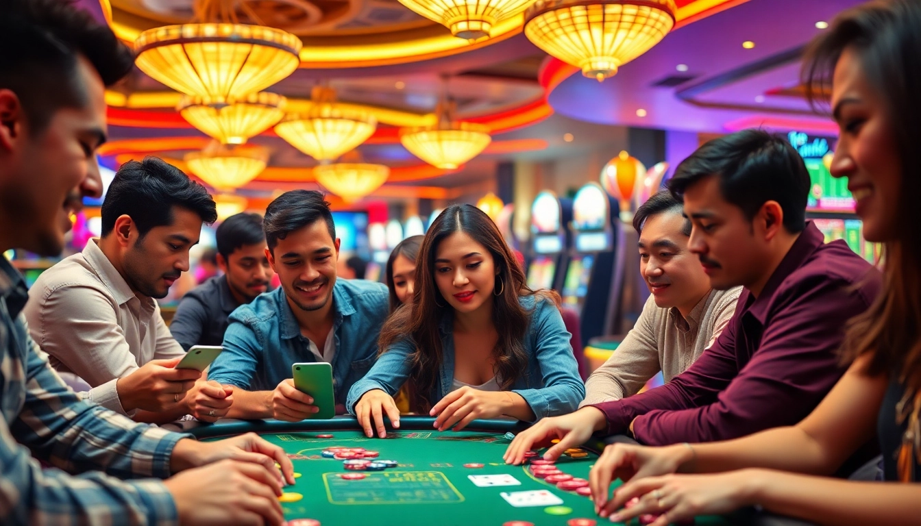 Menampilkan pemain situs toto bersemangat di meja kasino dengan chip dan kartu.
