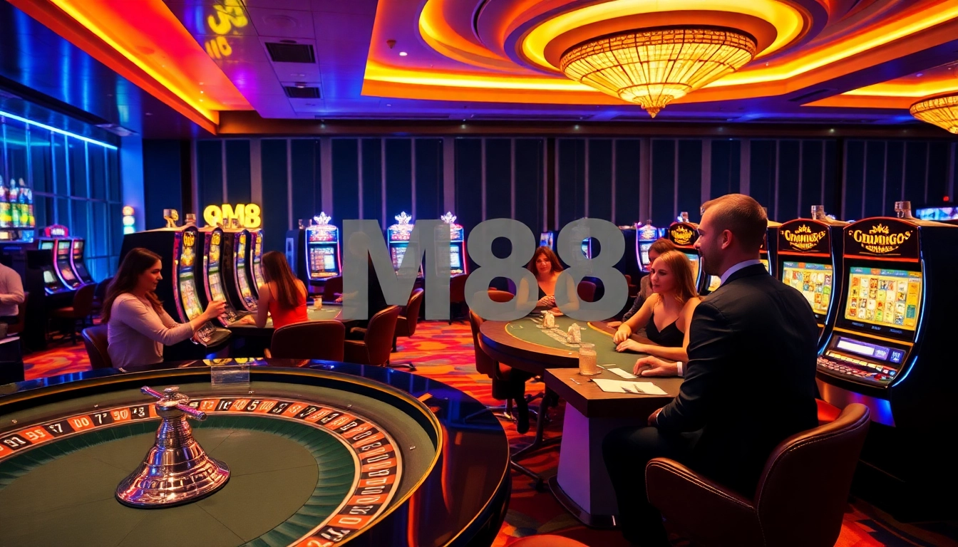 M88 casino players enjoying a vibrant gambling experience at roulette and slot machines.