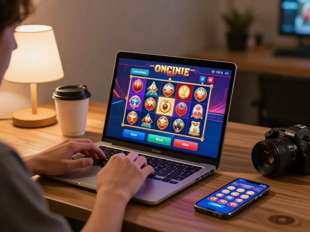 Player engages in online gaming at sc88vn, showcasing vibrant slot games on laptop.