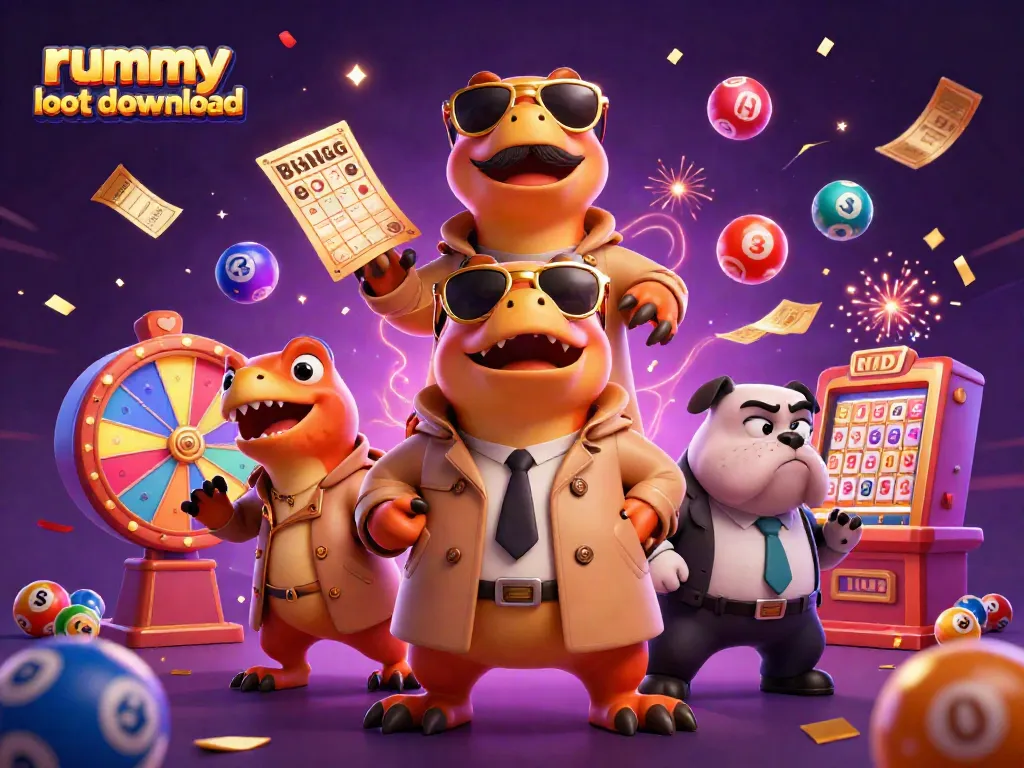 Engage with dynamic rummy loot download experience featuring cartoon raptors and vibrant casino elements.