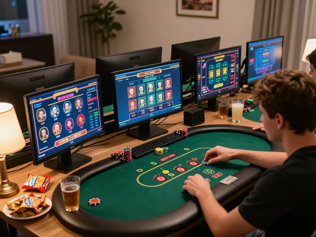 Person engaged in strategic online betting at home on 789winf casino platform.