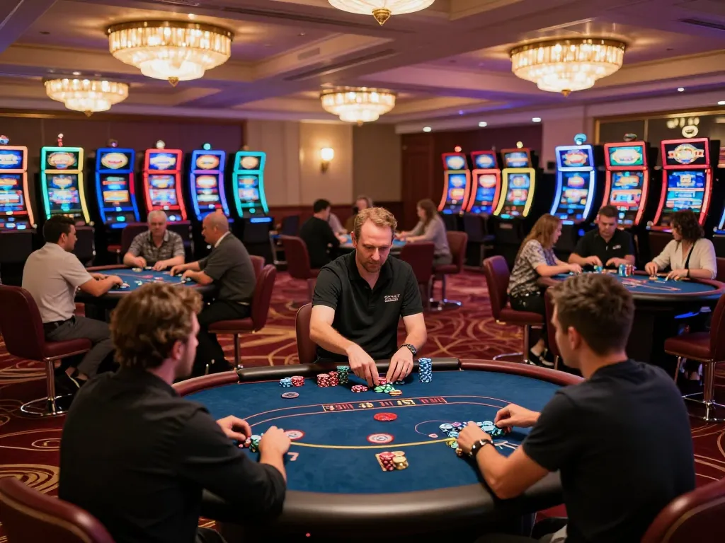 go8 players engaged at a poker table in a vibrant casino setting, showcasing dynamic gameplay and strategic betting.