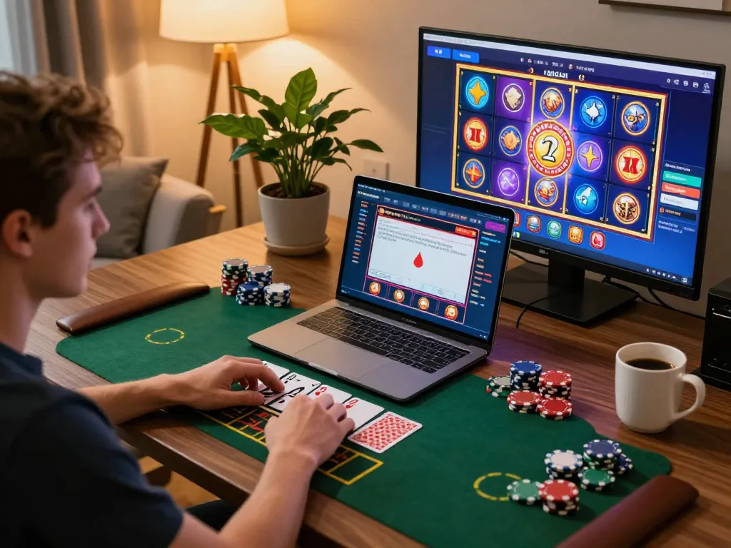 Engaged player analyzing cards on hello88 online casino during exciting gameplay