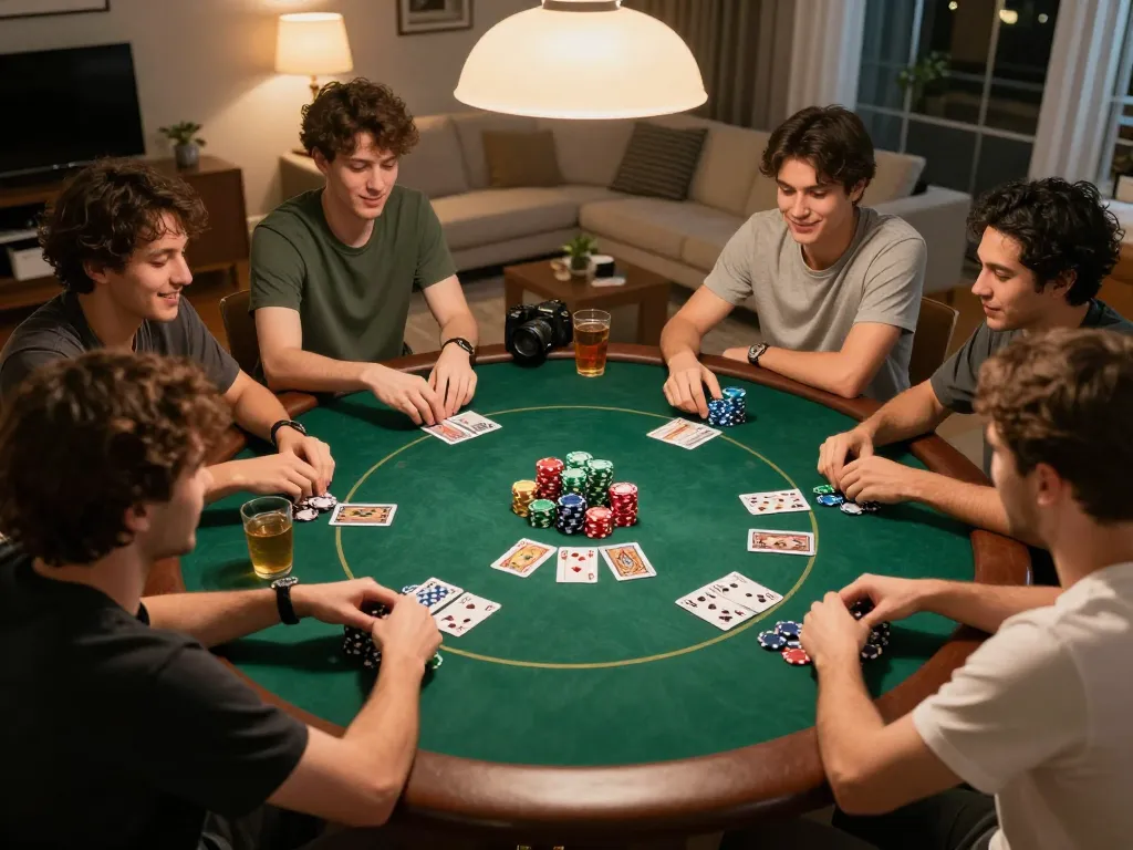 Rik vip players celebrating a winning hand at a lively home poker night surrounded by snacks and drinks